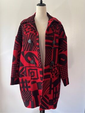 Rare Vintage 80s Betty Jackson UK Linen Black and Red Abstract Duster Coat